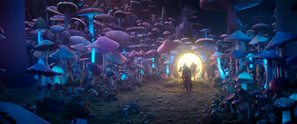 A dense forest of large, bioluminescent purple and blue mushrooms surrounding a bright glowing portal.