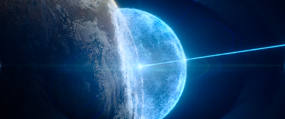 A blue energy dome surrounds a planet, deflecting a bright blue laser beam in space.