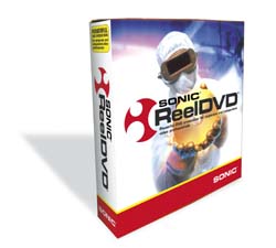 A software box for Sonic ReelDVD featuring a person in protective gear holding a gold disc.