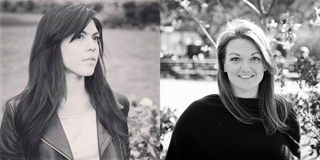 Two black and white portraits: a young woman looking away on the left and a smiling woman facing forward on the right.