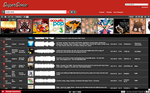 A digital interface for SuperSonic showing music tracks, album art, and search results for indie rock.