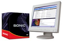 A black and red Sonic software box sits next to a white computer monitor displaying a software interface.