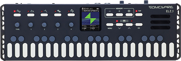 A black Sonicware ELZ.1 synthesizer with white keys, various buttons, knobs, and a small digital screen.
