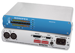 A white and blue Sonifex audio device with level meters and various input/output ports.