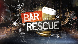 Bar Rescue logo displayed behind cracked glass with liquid splashes and dark background.