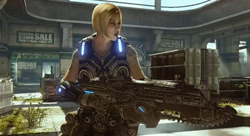 A blonde woman in tactical gear holds a large, dark, glowing sci-fi weapon in a sunlit urban area.