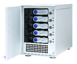 A silver metal server enclosure with five blue-accented drive trays and an open side door.