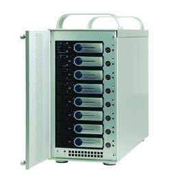 A white vertical server rack with eight drive bays and a top carrying handle against a white background.