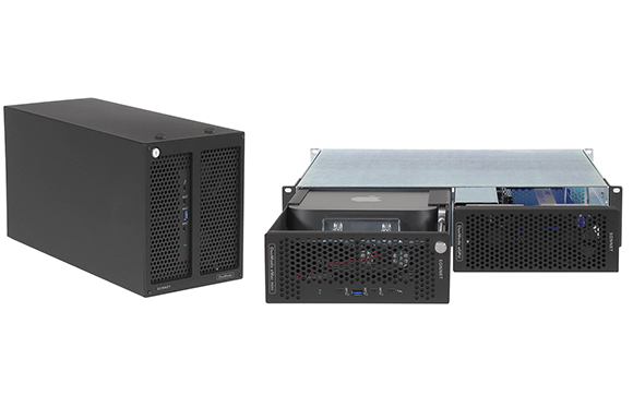 A closed black computer chassis next to an open black computer chassis showing internal components.