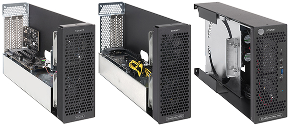 Three black Sonnet external hardware enclosures shown from different angles against a white background.