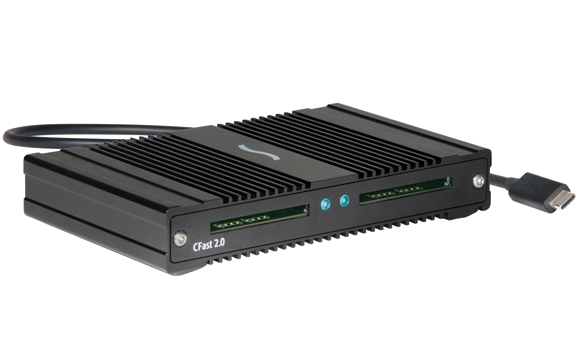Black CFast 2.0 card reader with two card slots and a connected USB-C cable on a white background.