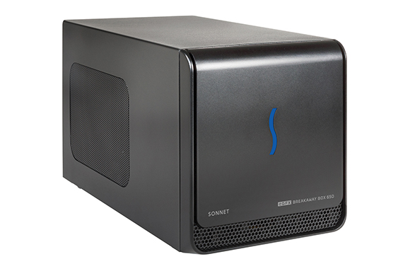 A black rectangular Sonnet eGFX Breakaway Box 650 device with a blue S-shaped logo on the front.