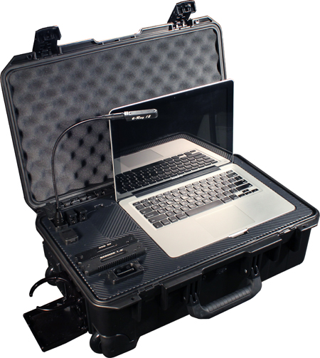 A laptop and various electronic components housed inside an open, padded black protective carrying case.