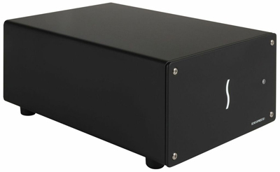 A black rectangular electronic device with a white S-shaped logo on the front panel.