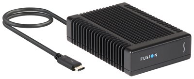 A black rectangular electronic device with cooling fins and an attached USB-C cable.