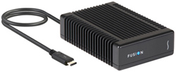 A black rectangular electronic device with cooling fins and a connected black cable with a small connector.