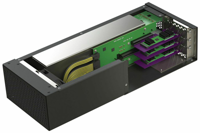 A black server chassis containing a green circuit board, yellow cables, and purple expansion cards.