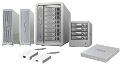 Various silver server towers, storage enclosures, and networking devices arranged on a white background.