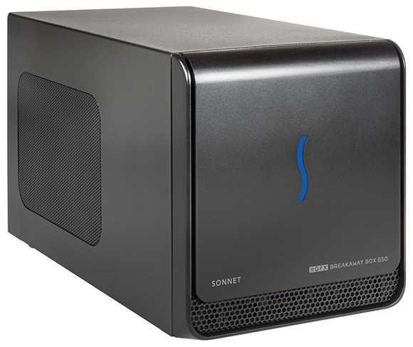 A black rectangular Sonnet eGFX Breakaway Box 650 external graphics enclosure with a blue S-shaped logo.