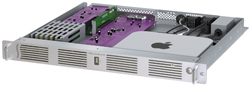 An open silver server rack unit showing purple circuit boards and internal wiring.