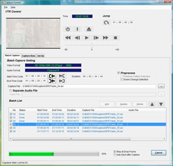 A computer software window displaying VTR controls, batch capture settings, and a list of video files.