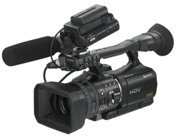 A black Sony HDV professional video camcorder with an attached shotgun microphone and viewfinder.