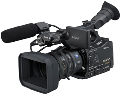 A black Sony HDV professional video camcorder with a large lens and external microphone.