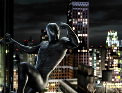 A person in a black webbed bodysuit poses against a nighttime cityscape with lit buildings.