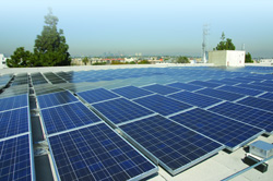 Rows of blue solar panels installed on a flat rooftop overlooking a city skyline under a clear sky.