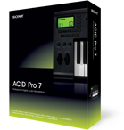 A black software box for ACID Pro 7 featuring a digital audio workstation interface with a small keyboard.