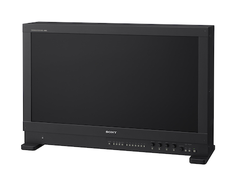 A black Sony professional monitor with a large screen and control buttons on the bottom bezel.