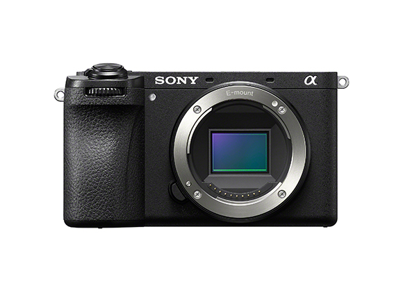 A black Sony E-mount mirrorless camera body shown from the front against a white background.