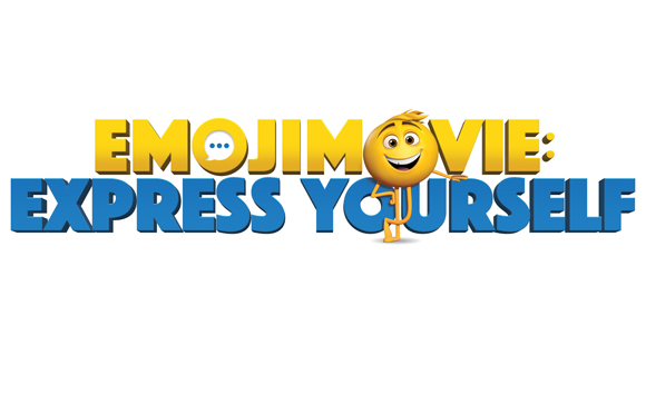Logo for The Emoji Movie: Express Yourself featuring yellow text and a smiling emoji character.
