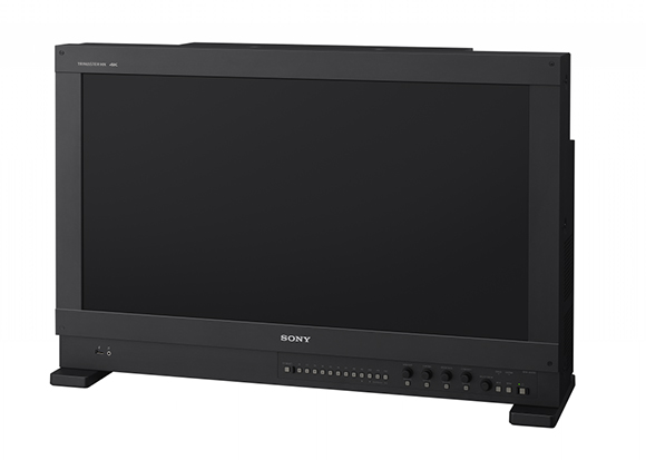 A black Sony Trinitron 4K professional monitor with a large screen and control buttons on the bottom bezel.