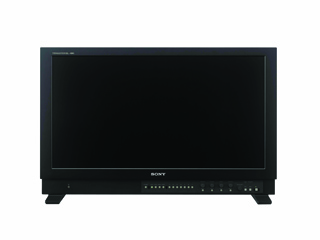A black Sony television monitor with a wide screen and control buttons on the bottom bezel.