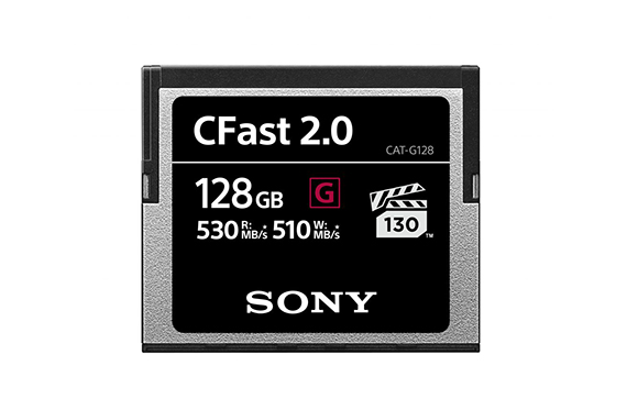 Sony CFast 2.0 128GB memory card with 530 MB/s read and 510 MB/s write speeds.