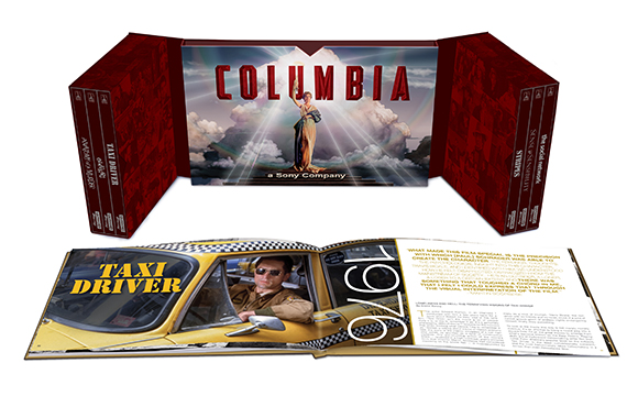 A red media box set with a large Columbia logo and an open booklet showing Paul Schrader and Taxi Driver imagery.