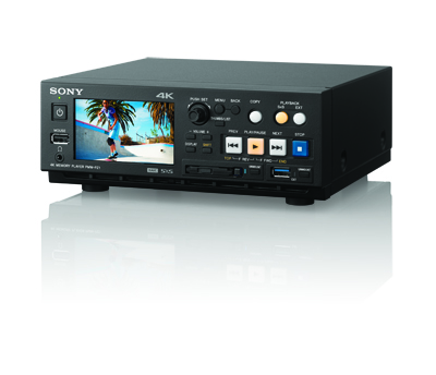 A black Sony 4K memory player with a small screen and various control buttons and a dial.