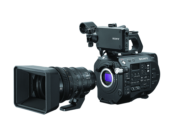 A black Sony professional cinema camera equipped with a large lens and a rectangular matte box.