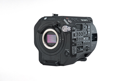 A black Sony professional cinema camera with a large lens mount and various control buttons and dials.