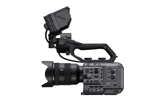 A Sony FX6 digital cinema camera equipped with a large lens and an attached top-mounted monitor.