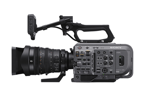 Sony FX9 cinema camera with a large professional lens and a top handle attachment.