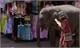 A person in a red garment stands next to a large elephant in front of a colorful market stall.