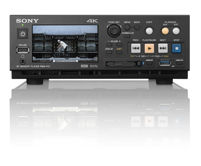 Sony 4K Memory Player with a screen displaying a person riding a bicycle and various playback controls.