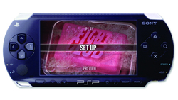 A blue Sony PSP handheld gaming console displaying the Fight Club game title screen.