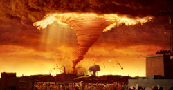 A large fire tornado descends from dark clouds over a city under a glowing orange sky.