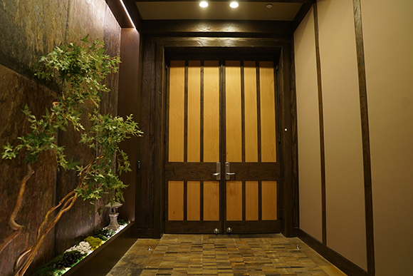 Large double wooden doors with vertical slats set in a dark wood frame next to a small indoor tree.
