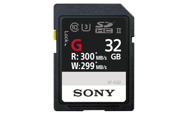 Sony 32GB SDHC memory card with 300 MB/s read and 299 MB/s write speeds.