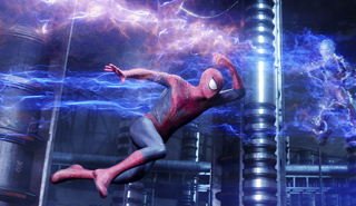 Spider-Man in a red and blue suit leaps through streaks of blue and purple electrical energy.