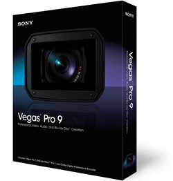 A black software box for Sony Vegas Pro 9 featuring a large camera lens graphic.